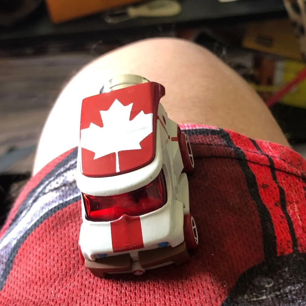 Red & White Maple Leaf Toy Car